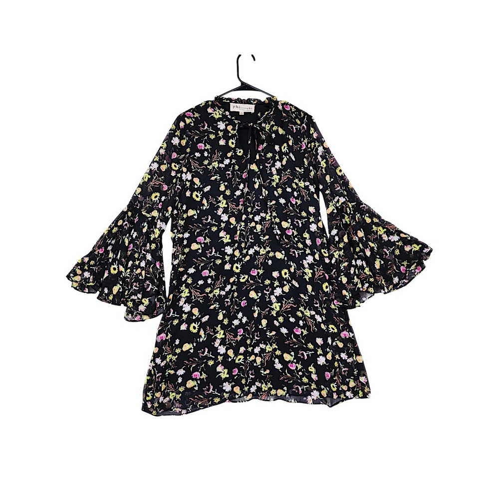 Philosophy Fairy Dress S Black Floral Tiered Bell Sleeve Boho Whimsical Romantic
